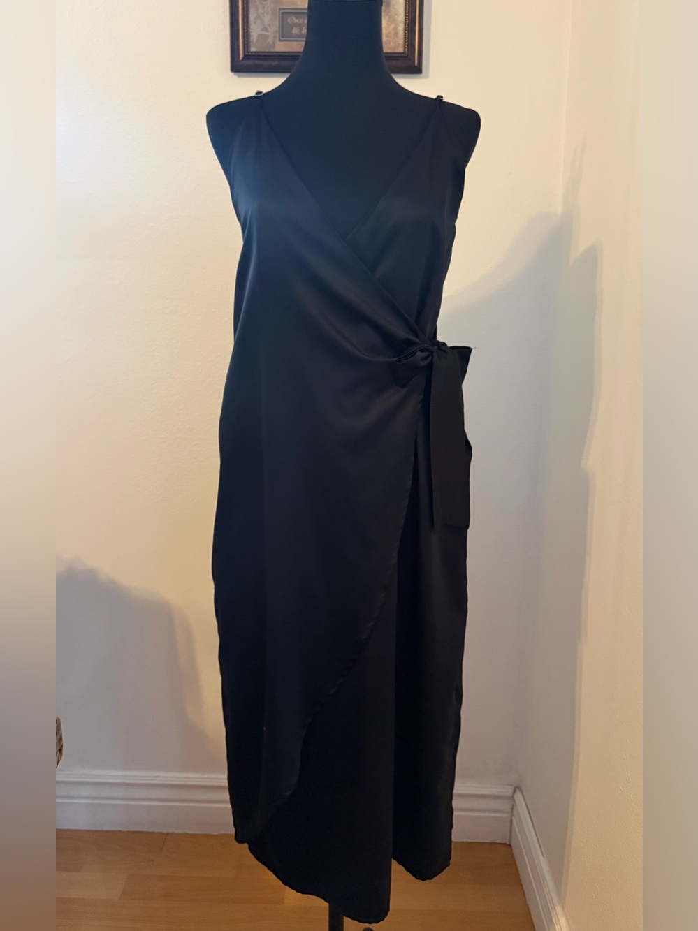 AMARO Black Satin Wrap Midi Dress – Size 42